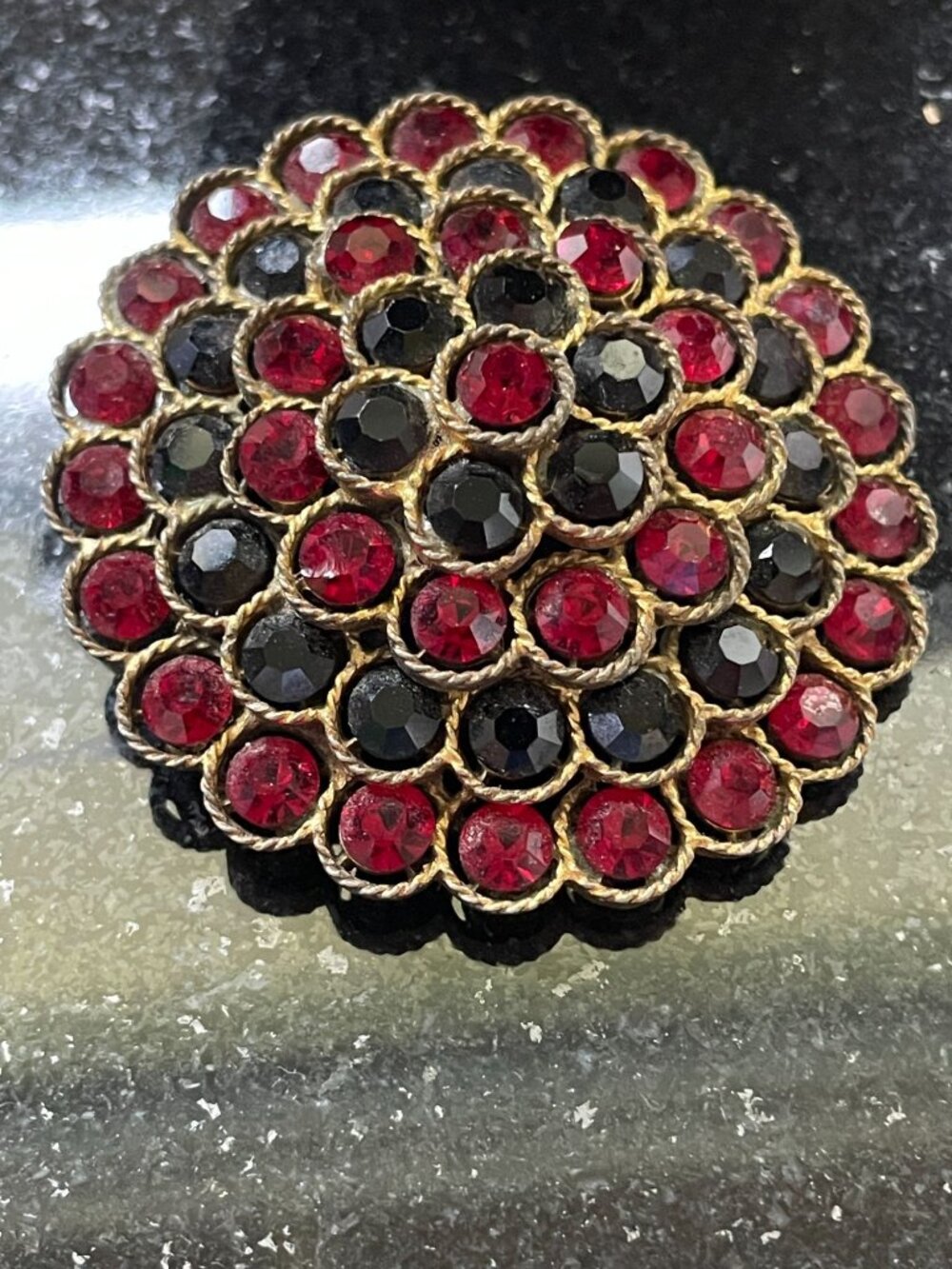 Vintage 1960s Signed Lisner Ruby Red Smoked Topaz Rhinestone Domed Brooch Pin
